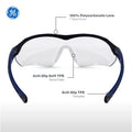 black/indigo, Clear Anti-Fog | front view with labeled features highlighted | Wrap-Around Safety Glasses — GE PPE 10 Series, Anti-Fog, ANSI Z87.1 | GE210CAF