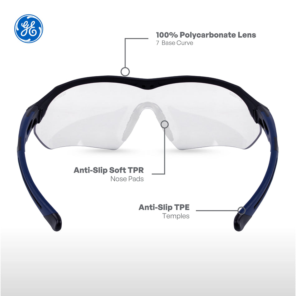 black/indigo, Clear Anti-Fog | front view with labeled features highlighted | Wrap-Around Safety Glasses — GE PPE 10 Series, Anti-Fog, ANSI Z87.1 | GE210CAF