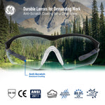 black/indigo, Clear Anti-Fog | front view with landscape background | Wrap-Around Safety Glasses — GE PPE 10 Series, Anti-Fog, ANSI Z87.1 | GE210CAF