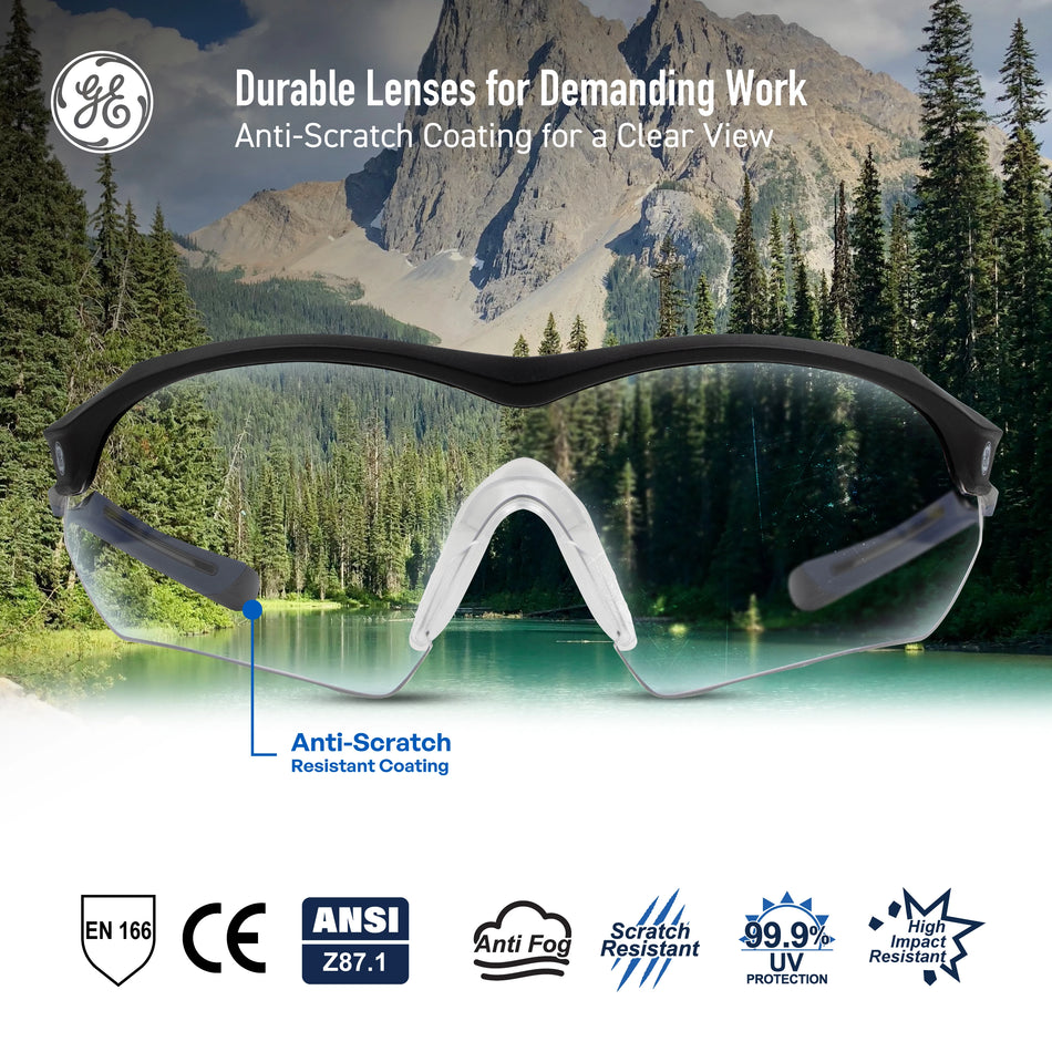 black/indigo, Clear Anti-Fog | front view with landscape background | Wrap-Around Safety Glasses — GE PPE 10 Series, Anti-Fog, ANSI Z87.1 | GE210CAF