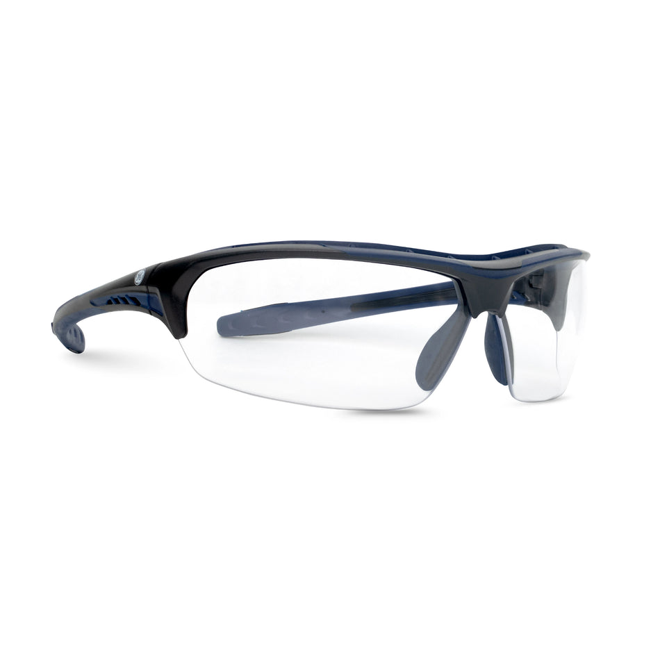 black/indigo, Clear Anti-Fog | side angle view of protective eyewear | Anti-Fog Wrap-Around Safety Glasses — GE PPE 09 Series, ANSI Z87.1 & EN 166 | GE109CAF