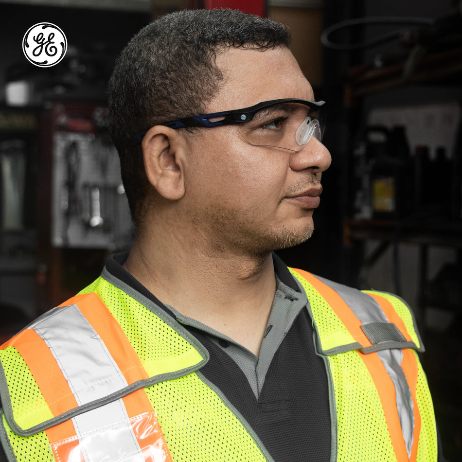 black/indigo, Clear Anti-Fog | side profile view on wearer | Wrap-Around Safety Glasses — GE PPE 10 Series, Anti-Fog, ANSI Z87.1 | GE210CAF