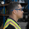 black/indigo, Clear Anti-Fog | side profile view with industrial background | Anti-Fog Wrap-Around Safety Glasses — GE PPE 09 Series, ANSI Z87.1 & EN 166 | GE109CAF