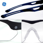 black/indigo, Clear Anti-Fog | top view with detail close-ups below | Wrap-Around Safety Glasses — GE PPE 10 Series, Anti-Fog, ANSI Z87.1 | GE210CAF