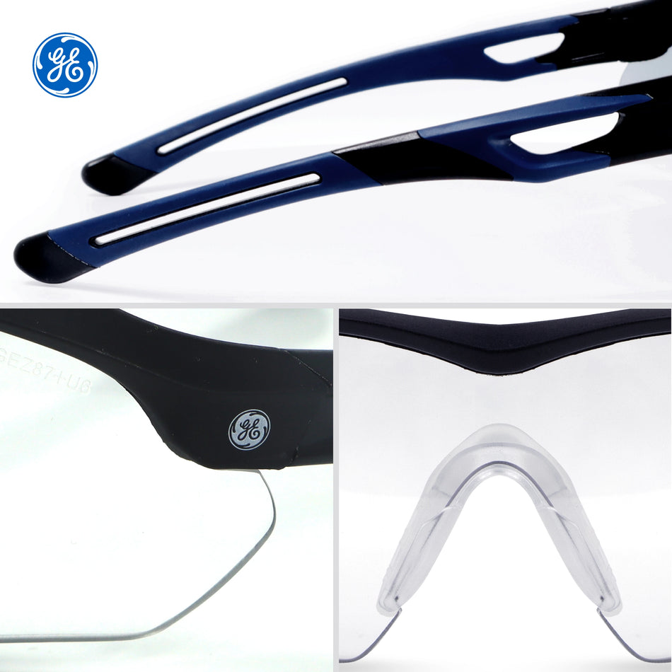 black/indigo, Clear Anti-Fog | top view with detail close-ups below | Wrap-Around Safety Glasses — GE PPE 10 Series, Anti-Fog, ANSI Z87.1 | GE210CAF
