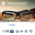 black/indigo, I/O Mirror Anti-Fog | front view with desert landscape reflection | Anti-Fog Wrap-Around Safety Glasses — GE PPE 09 Series, ANSI Z87.1 & EN 166 | GE109MAF