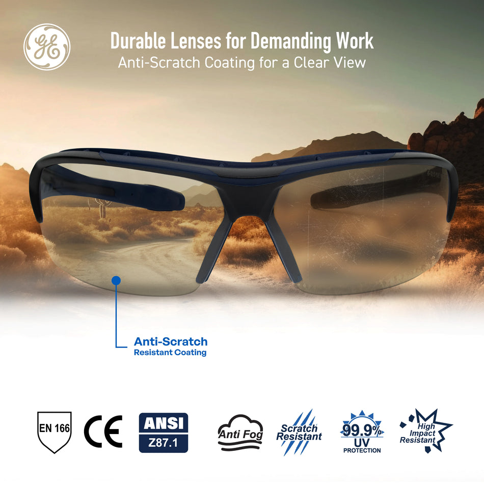 black/indigo, I/O Mirror Anti-Fog | front view with desert landscape reflection | Anti-Fog Wrap-Around Safety Glasses — GE PPE 09 Series, ANSI Z87.1 & EN 166 | GE109MAF