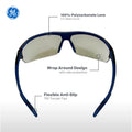 black/indigo, I/O Mirror Anti-Fog | front view with feature callouts labeled | Anti-Fog Wrap-Around Safety Glasses — GE PPE 09 Series, ANSI Z87.1 & EN 166 | GE109MAF