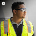 black/indigo, I/O Mirror Anti-Fog | model wearing safety glasses side profile | Anti-Fog Wrap-Around Safety Glasses — GE PPE 09 Series, ANSI Z87.1 & EN 166 | GE109MAF