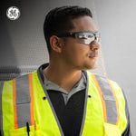 black/indigo, I/O Mirror Anti-Fog | model wearing safety glasses side profile | Anti-Fog Wrap-Around Safety Glasses — GE PPE 09 Series, ANSI Z87.1 & EN 166 | GE109MAF