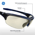 black/indigo, I/O Mirror Anti-Fog | three-quarter angle view with labeled features | Anti-Fog Wrap-Around Safety Glasses — GE PPE 09 Series, ANSI Z87.1 & EN 166 | GE109MAF