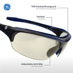 black/indigo, I/O Mirror Anti-Fog | three-quarter angle view with labeled features | Anti-Fog Wrap-Around Safety Glasses — GE PPE 09 Series, ANSI Z87.1 & EN 166 | GE109MAF