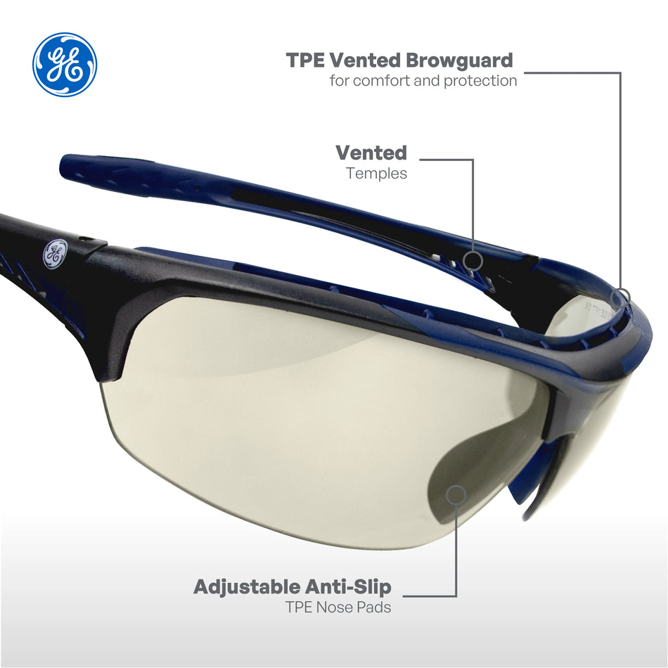 black/indigo, I/O Mirror Anti-Fog | three-quarter angle view with labeled features | Anti-Fog Wrap-Around Safety Glasses — GE PPE 09 Series, ANSI Z87.1 & EN 166 | GE109MAF