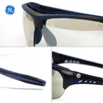 black/indigo, I/O Mirror Anti-Fog | three-view detail shot of wrap-around eyewear | Anti-Fog Wrap-Around Safety Glasses — GE PPE 09 Series, ANSI Z87.1 & EN 166 | GE109MAF
