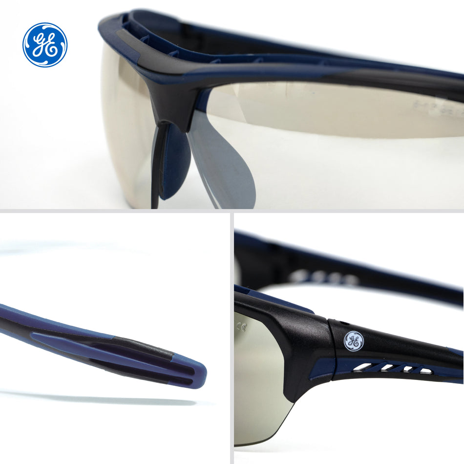 black/indigo, I/O Mirror Anti-Fog | three-view detail shot of wrap-around eyewear | Anti-Fog Wrap-Around Safety Glasses — GE PPE 09 Series, ANSI Z87.1 & EN 166 | GE109MAF