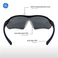 black/indigo, Smoke Anti-Fog | front view highlighting key features labeled | Wrap-Around Safety Glasses — GE PPE 10 Series, Anti-Fog, ANSI Z87.1 | GE210SAF