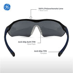 black/indigo, Smoke Anti-Fog | front view highlighting key features labeled | Wrap-Around Safety Glasses — GE PPE 10 Series, Anti-Fog, ANSI Z87.1 | GE210SAF