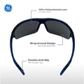 black/indigo, Smoke Anti-Fog | front view with labeled features annotated | Anti-Fog Wrap-Around Safety Glasses — GE PPE 09 Series, ANSI Z87.1 & EN 166 | GE109SAF