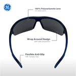 black/indigo, Smoke Anti-Fog | front view with labeled features annotated | Anti-Fog Wrap-Around Safety Glasses — GE PPE 09 Series, ANSI Z87.1 & EN 166 | GE109SAF