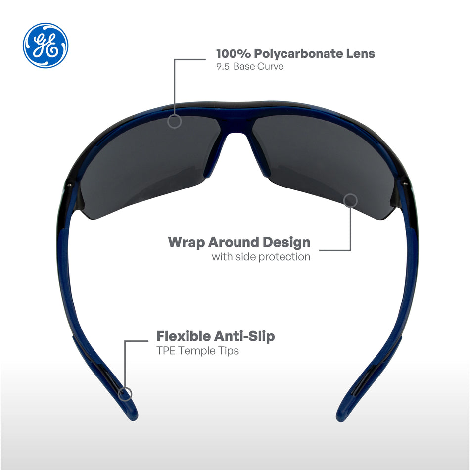 black/indigo, Smoke Anti-Fog | front view with labeled features annotated | Anti-Fog Wrap-Around Safety Glasses — GE PPE 09 Series, ANSI Z87.1 & EN 166 | GE109SAF