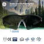 black/indigo, Smoke Anti-Fog | front view with mountain landscape background | Wrap-Around Safety Glasses — GE PPE 10 Series, Anti-Fog, ANSI Z87.1 | GE210SAF