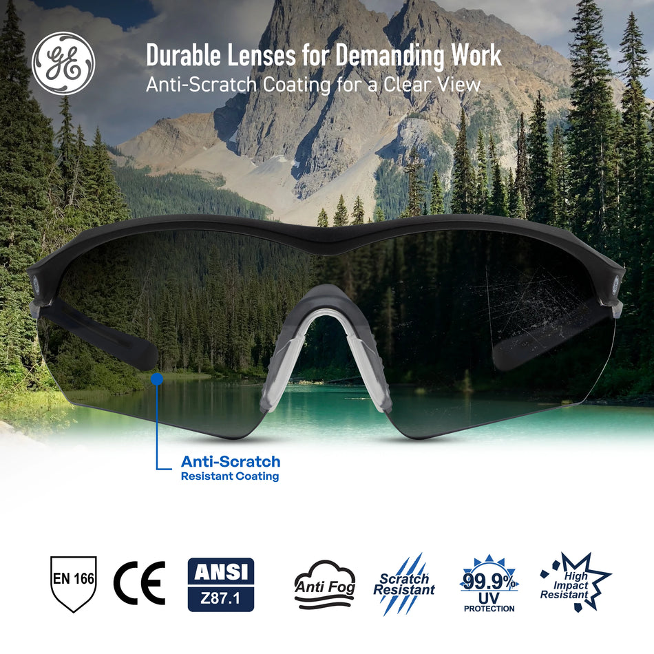 black/indigo, Smoke Anti-Fog | front view with mountain landscape background | Wrap-Around Safety Glasses — GE PPE 10 Series, Anti-Fog, ANSI Z87.1 | GE210SAF