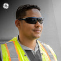 black/indigo, Smoke Anti-Fog | model wearing safety glasses side profile | Anti-Fog Wrap-Around Safety Glasses — GE PPE 09 Series, ANSI Z87.1 & EN 166 | GE109SAF