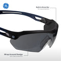 black/indigo, Smoke Anti-Fog | side angle showing protective features | Wrap-Around Safety Glasses — GE PPE 10 Series, Anti-Fog, ANSI Z87.1 | GE210SAF