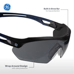 black/indigo, Smoke Anti-Fog | side angle showing protective features | Wrap-Around Safety Glasses — GE PPE 10 Series, Anti-Fog, ANSI Z87.1 | GE210SAF