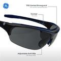 black/indigo, Smoke Anti-Fog | side angle showing vented temples and nose pads | Anti-Fog Wrap-Around Safety Glasses — GE PPE 09 Series, ANSI Z87.1 & EN 166 | GE109SAF