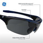 black/indigo, Smoke Anti-Fog | side angle showing vented temples and nose pads | Anti-Fog Wrap-Around Safety Glasses — GE PPE 09 Series, ANSI Z87.1 & EN 166 | GE109SAF
