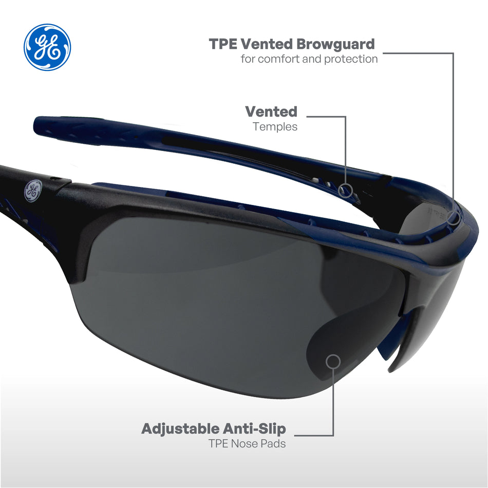 black/indigo, Smoke Anti-Fog | side angle showing vented temples and nose pads | Anti-Fog Wrap-Around Safety Glasses — GE PPE 09 Series, ANSI Z87.1 & EN 166 | GE109SAF