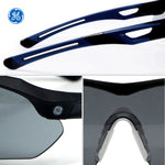 black/indigo, Smoke Anti-Fog | top view and detail shots of frames | Wrap-Around Safety Glasses — GE PPE 10 Series, Anti-Fog, ANSI Z87.1 | GE210SAF