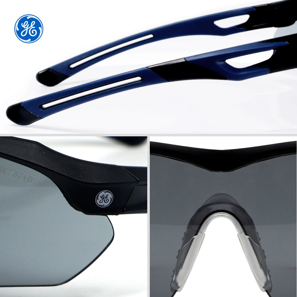 black/indigo, Smoke Anti-Fog | top view and detail shots of frames | Wrap-Around Safety Glasses — GE PPE 10 Series, Anti-Fog, ANSI Z87.1 | GE210SAF