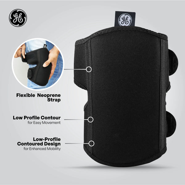 black | three-quarter view with labeled features | Low-Profile EVA Foam Knee Pads — GE PPE GR550, EN14404 Type 2 | GR550