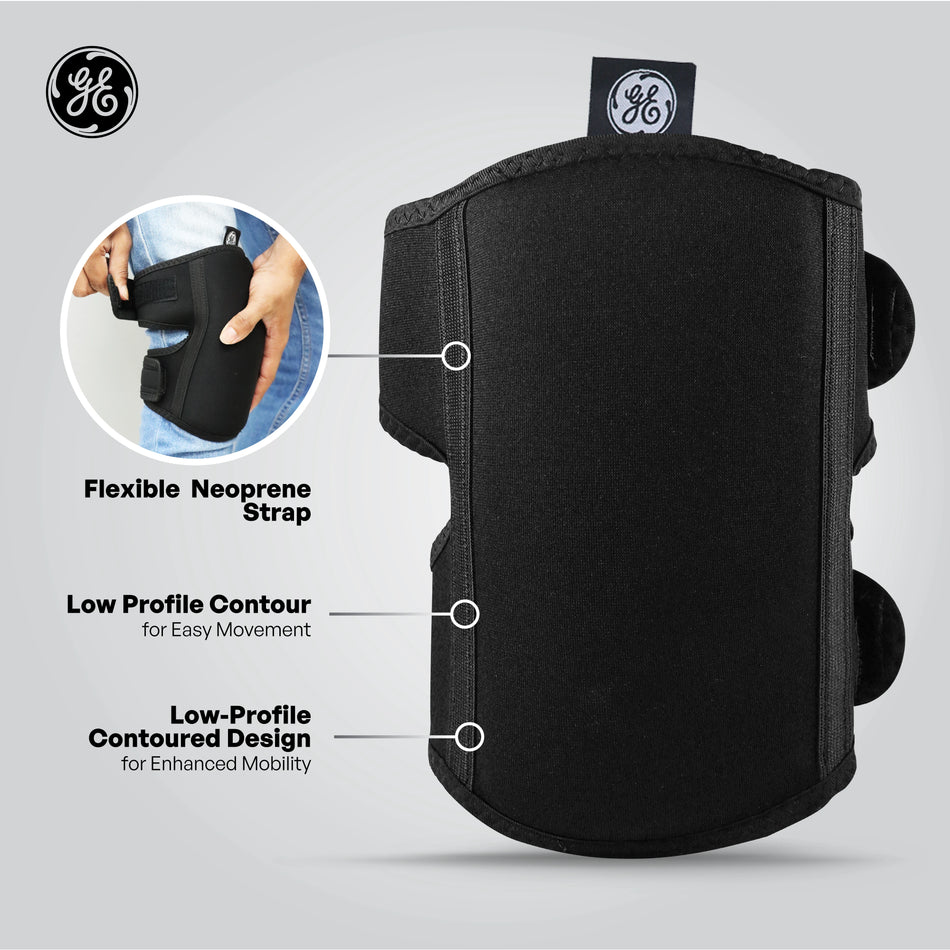 black | three-quarter view with labeled features | Low-Profile EVA Foam Knee Pads — GE PPE GR550, EN14404 Type 2 | GR550