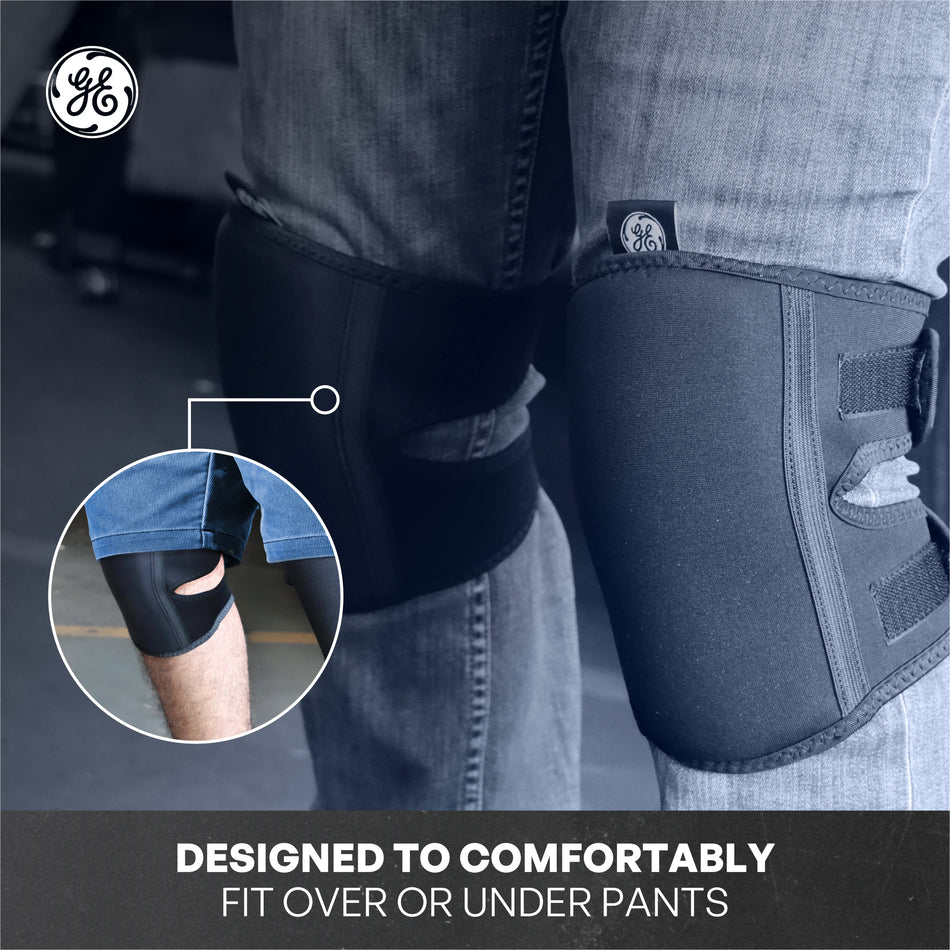 black | model wearing product on legs with close-up detail | Low-Profile EVA Foam Knee Pads — GE PPE GR550, EN14404 Type 2 | GR550