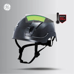 black, Non-Vented | model wearing helmet on construction site | Non-Vented Type 1 Safety Helmet with Koroyd — GE PPE GH401, ANSI Z89.1-2014 Class E | GH401BK