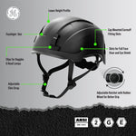 black, Non-Vented | side angle with labeled features | Non-Vented Type 2 Safety Helmet with Koroyd — GE PPE GH501, ANSI Z89.1-2014 Class E & G | GH501BK