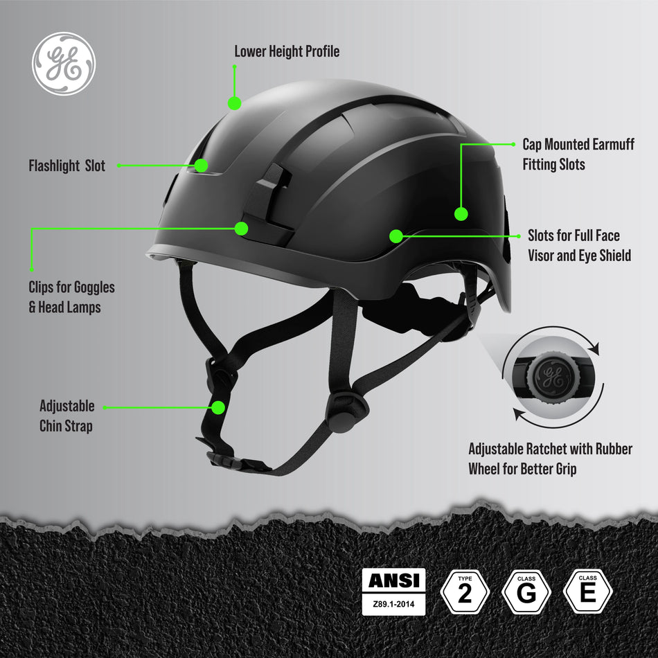 black, Non-Vented | side angle with labeled features | Non-Vented Type 2 Safety Helmet with Koroyd — GE PPE GH501, ANSI Z89.1-2014 Class E & G | GH501BK