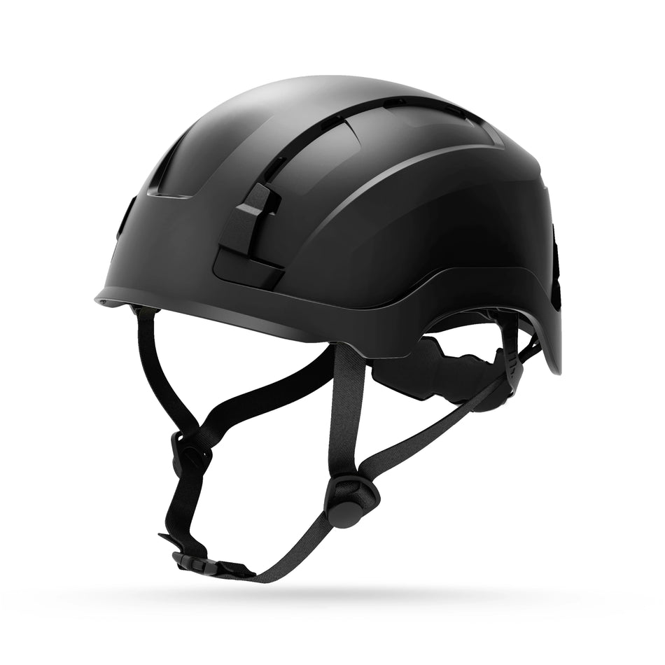 black, Non-Vented | three-quarter view showing strap details | Non-Vented Type 2 Safety Helmet with Koroyd — GE PPE GH501, ANSI Z89.1-2014 Class E & G | GH501BK