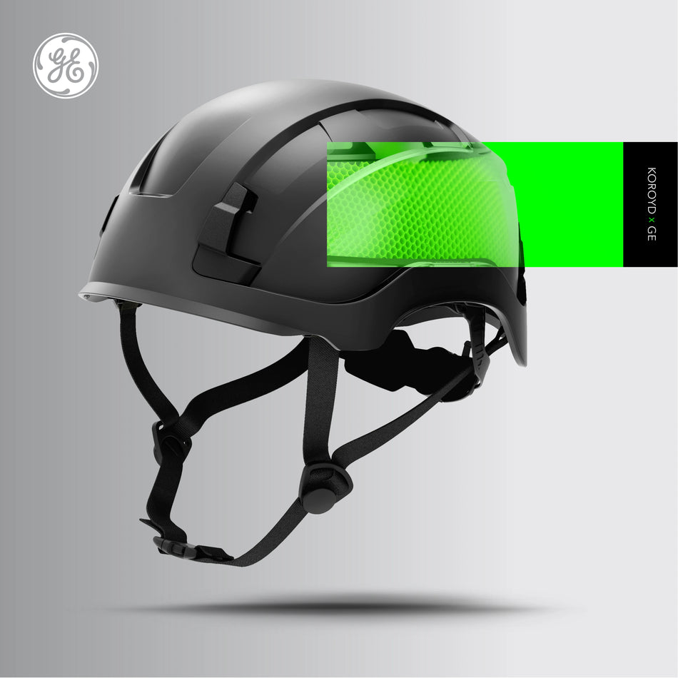 black, Non-Vented | three-quarter view with reflective stripe detail | Non-Vented Type 2 Safety Helmet with Koroyd — GE PPE GH501, ANSI Z89.1-2014 Class E & G | GH501BK