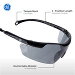 black, Smoke anti-Fog | angled product view with labeled features | Wrap-Around Safety Glasses — GE PPE 01 Series, ANSI Z87.1 | GE201SAF