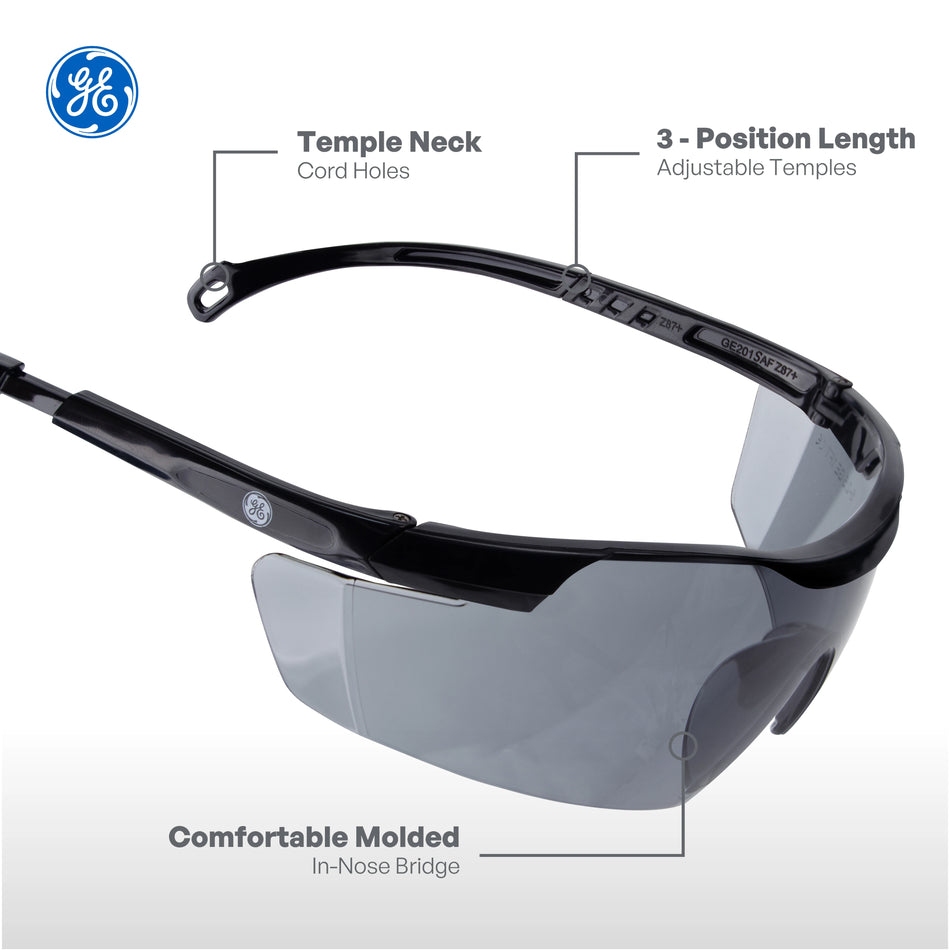 black, Smoke anti-Fog | angled product view with labeled features | Wrap-Around Safety Glasses — GE PPE 01 Series, ANSI Z87.1 | GE201SAF