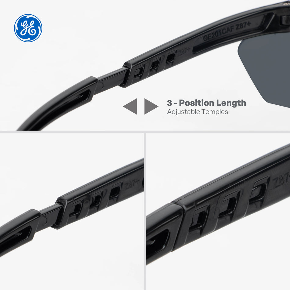 black, Smoke anti-Fog | close-up of adjustable temple mechanisms | Wrap-Around Safety Glasses — GE PPE 01 Series, ANSI Z87.1 | GE201SAF