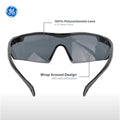 black, Smoke anti-Fog | front view with annotated features highlighted | Wrap-Around Safety Glasses — GE PPE 01 Series, ANSI Z87.1 | GE201SAF