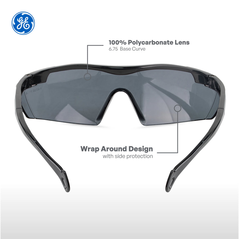 black, Smoke anti-Fog | front view with annotated features highlighted | Wrap-Around Safety Glasses — GE PPE 01 Series, ANSI Z87.1 | GE201SAF
