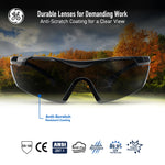black, Smoke anti-Fog | front view with outdoor landscape reflection | Wrap-Around Safety Glasses — GE PPE 01 Series, ANSI Z87.1 | GE201SAF