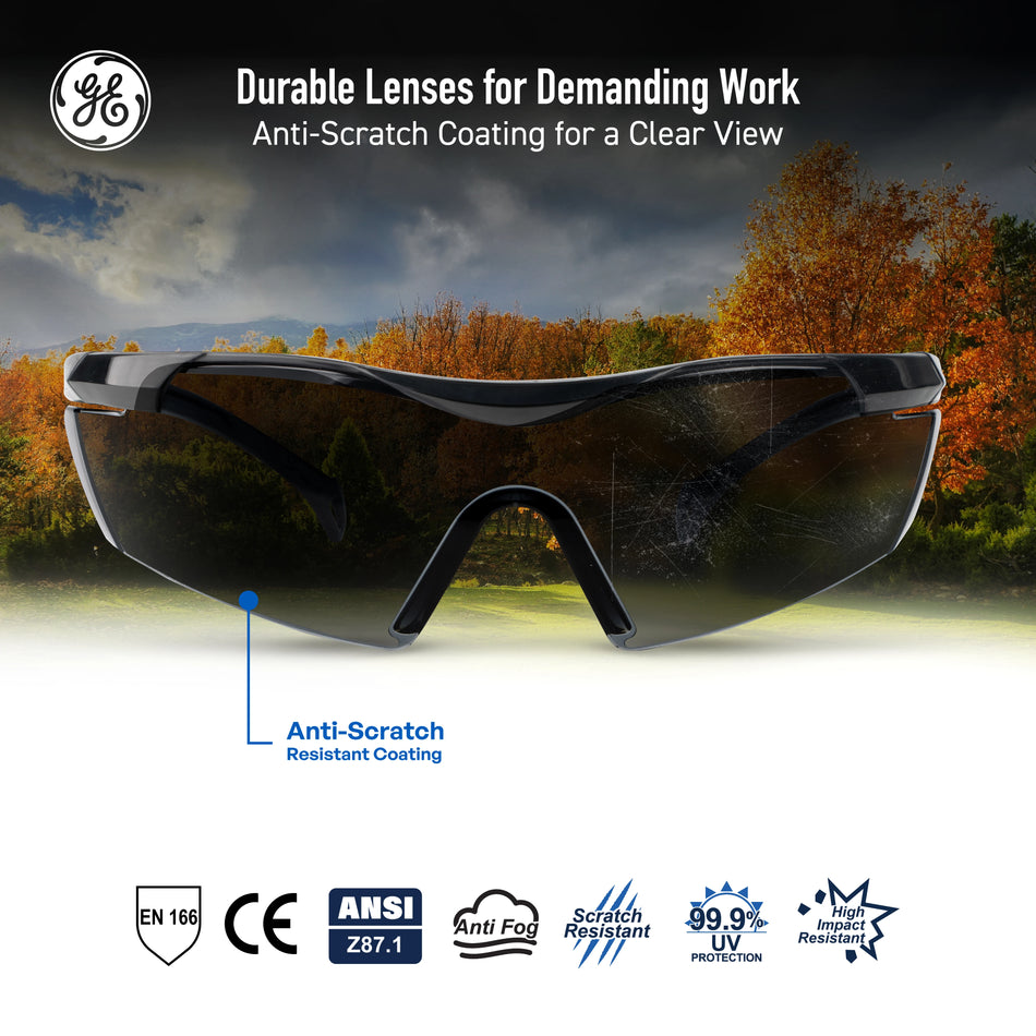 black, Smoke anti-Fog | front view with outdoor landscape reflection | Wrap-Around Safety Glasses — GE PPE 01 Series, ANSI Z87.1 | GE201SAF
