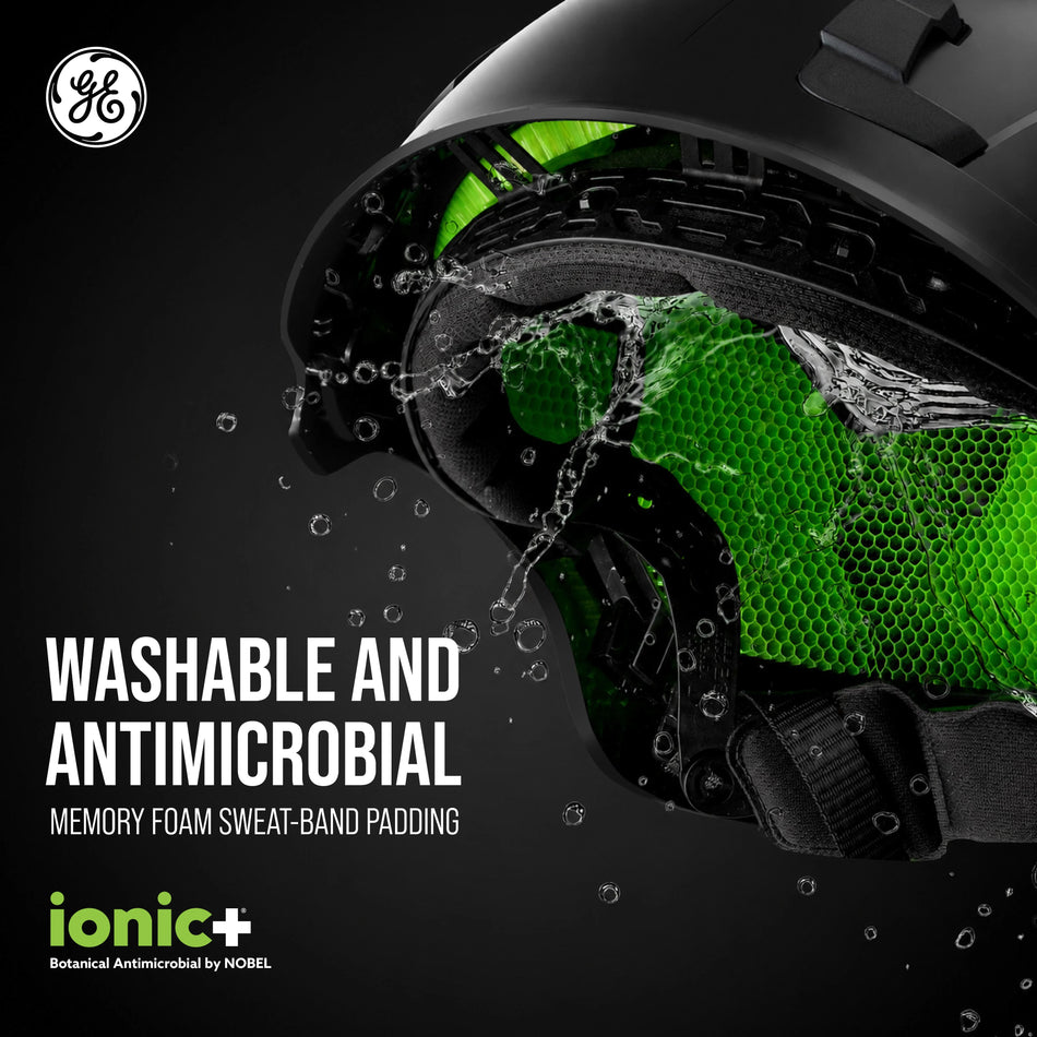 black, Vented | close-up of ventilation and water spray | Vented Type 2 Safety Helmet with Koroyd — GE PPE GH500, ANSI Z89.1 Class C | GH500BK